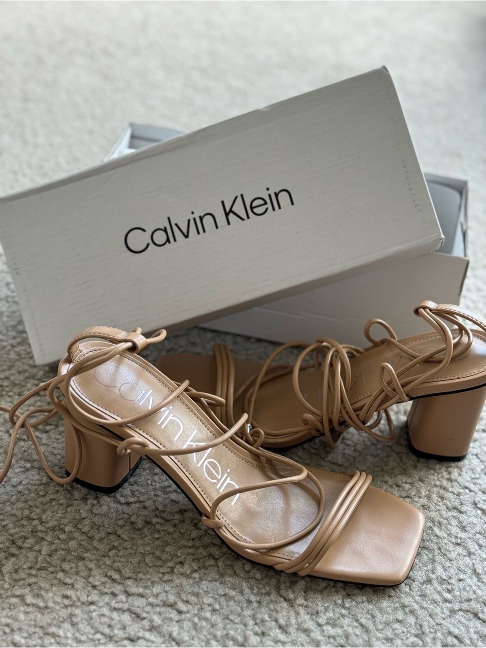 Calvin Klein Beige Lace-Up Block Heel Sandals
